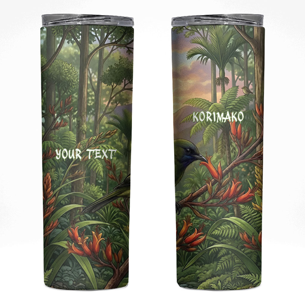 Bellbird New Zealand Personalised Skinny Tumbler Korimako Harakeke Flower Native Forest LT22 Green - Polynesian Pride
