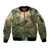 Bellbird New Zealand Personalised Sleeve Zip Bomber Jacket Korimako Harakeke Flower Native Forest