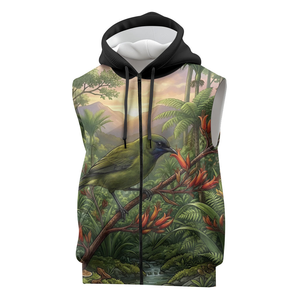 Bellbird New Zealand Personalised Sleeveless Zip Hoodie Korimako Harakeke Flower Native Forest