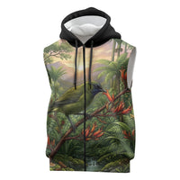 Bellbird New Zealand Personalised Sleeveless Zip Hoodie Korimako Harakeke Flower Native Forest