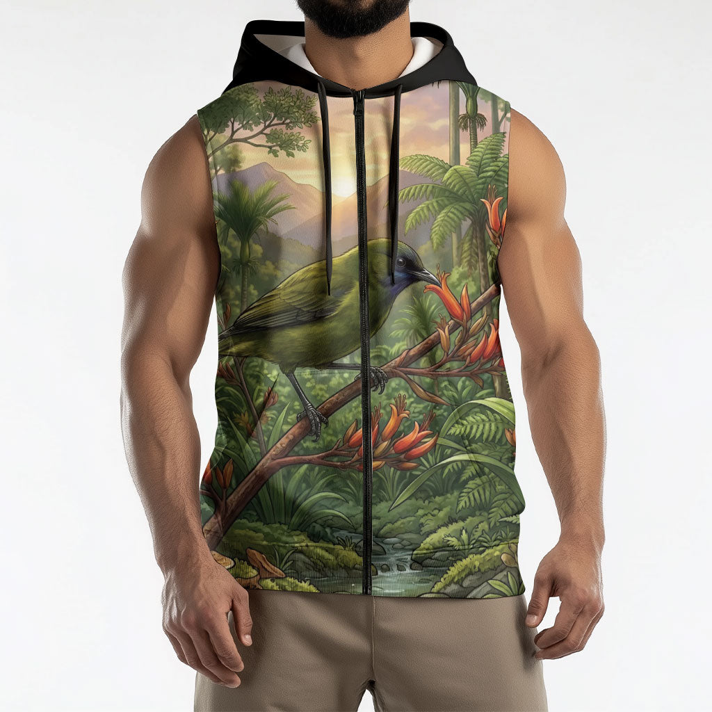 Bellbird New Zealand Personalised Sleeveless Zip Hoodie Korimako Harakeke Flower Native Forest