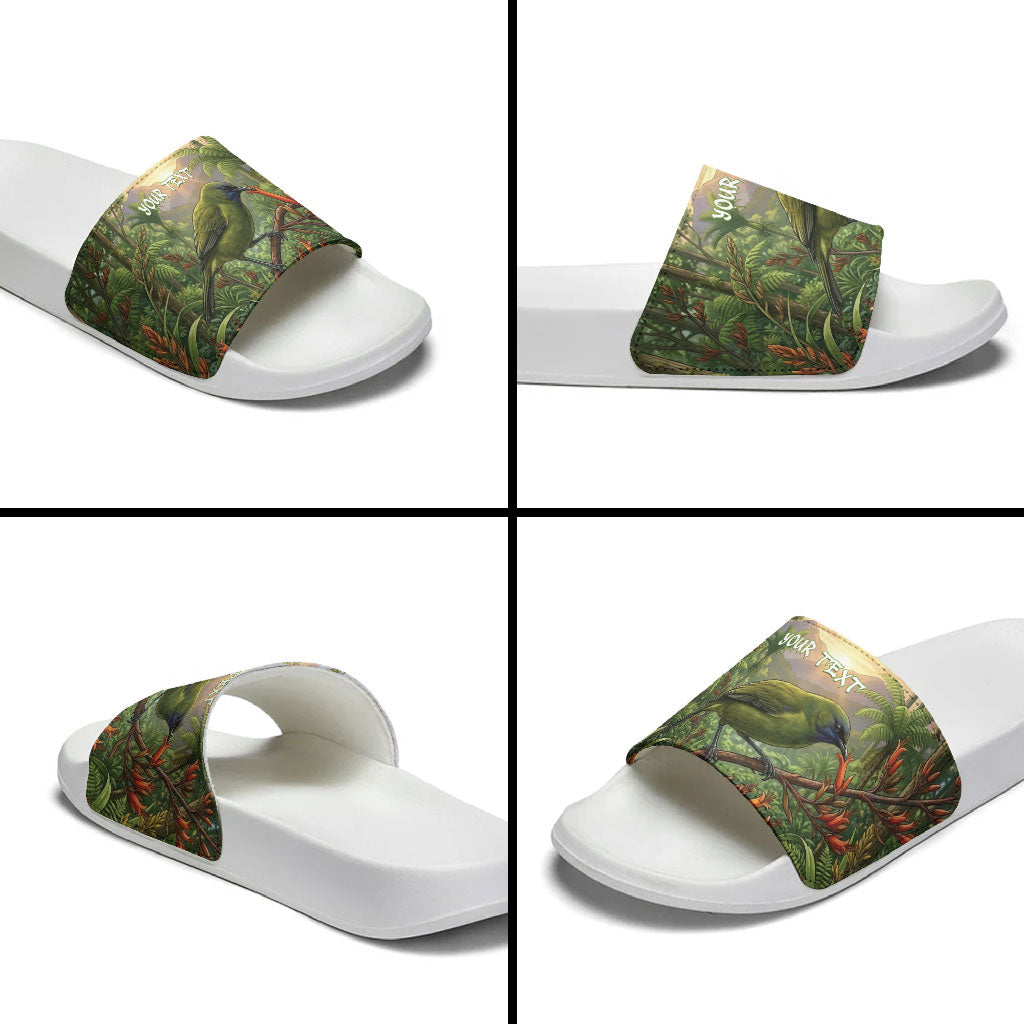 Bellbird New Zealand Personalised Slide Sandals Korimako Harakeke Flower Native Forest