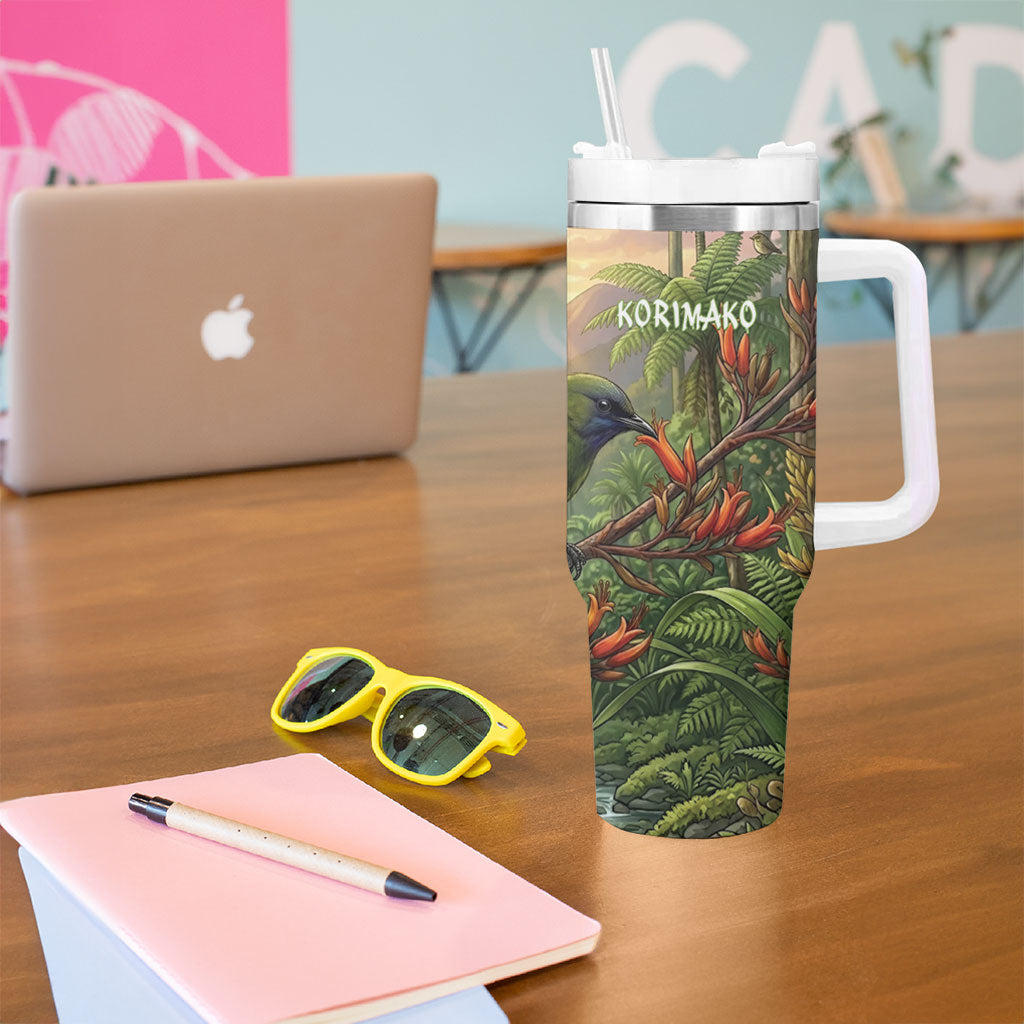Bellbird New Zealand Personalised Tumbler With Handle Korimako Harakeke Flower Native Forest