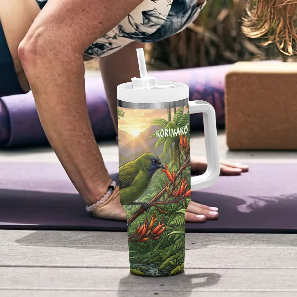 Bellbird New Zealand Personalised Tumbler With Handle Korimako Harakeke Flower Native Forest