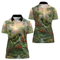 Bellbird New Zealand Personalised Women Polo Shirt Korimako Harakeke Flower Native Forest