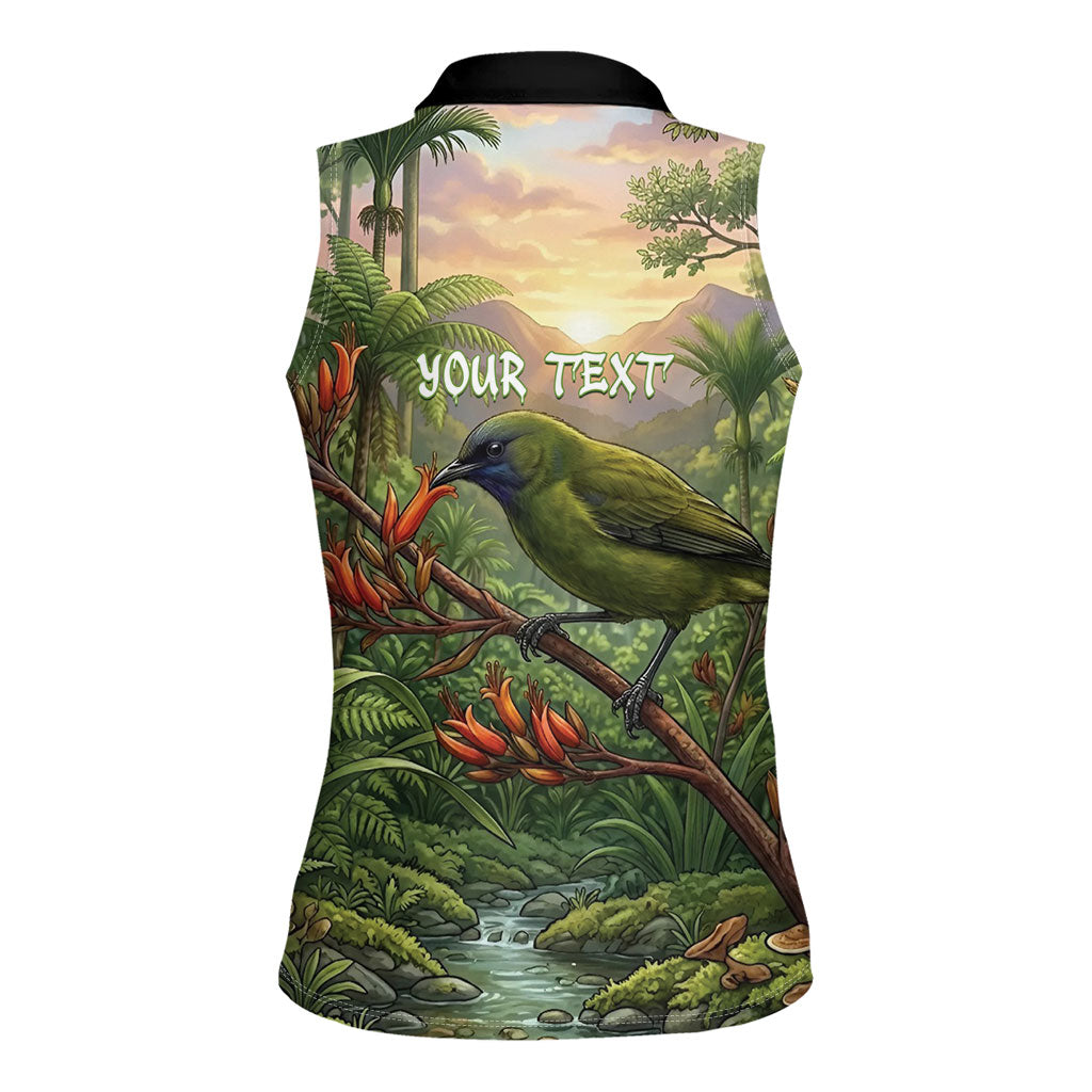 Bellbird New Zealand Personalised Women Sleeveless Polo Shirt Korimako Harakeke Flower Native Forest LT22 - Polynesian Pride