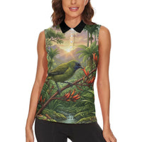 Bellbird New Zealand Personalised Women Sleeveless Polo Shirt Korimako Harakeke Flower Native Forest LT22 - Polynesian Pride