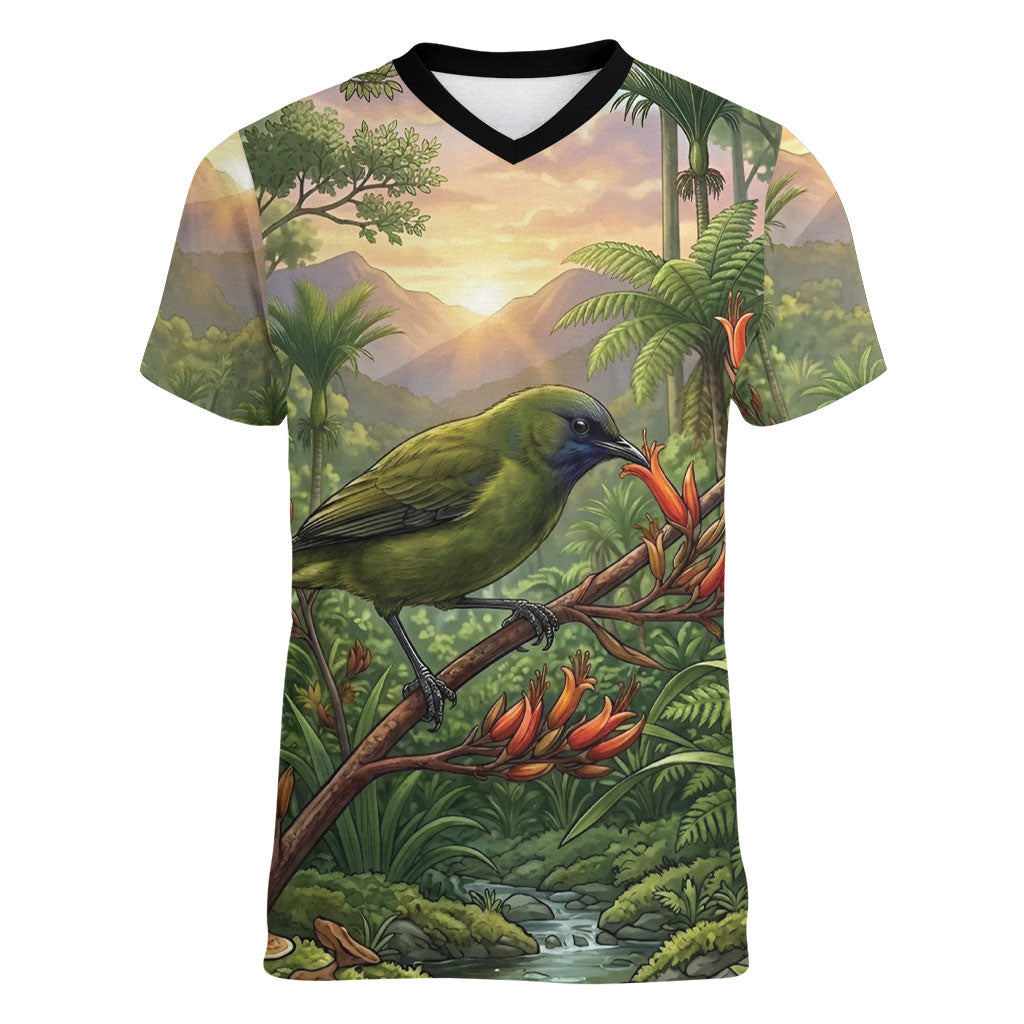 Bellbird New Zealand Personalised Women V-Neck T-Shirt Korimako Harakeke Flower Native Forest LT22 Female Green - Polynesian Pride