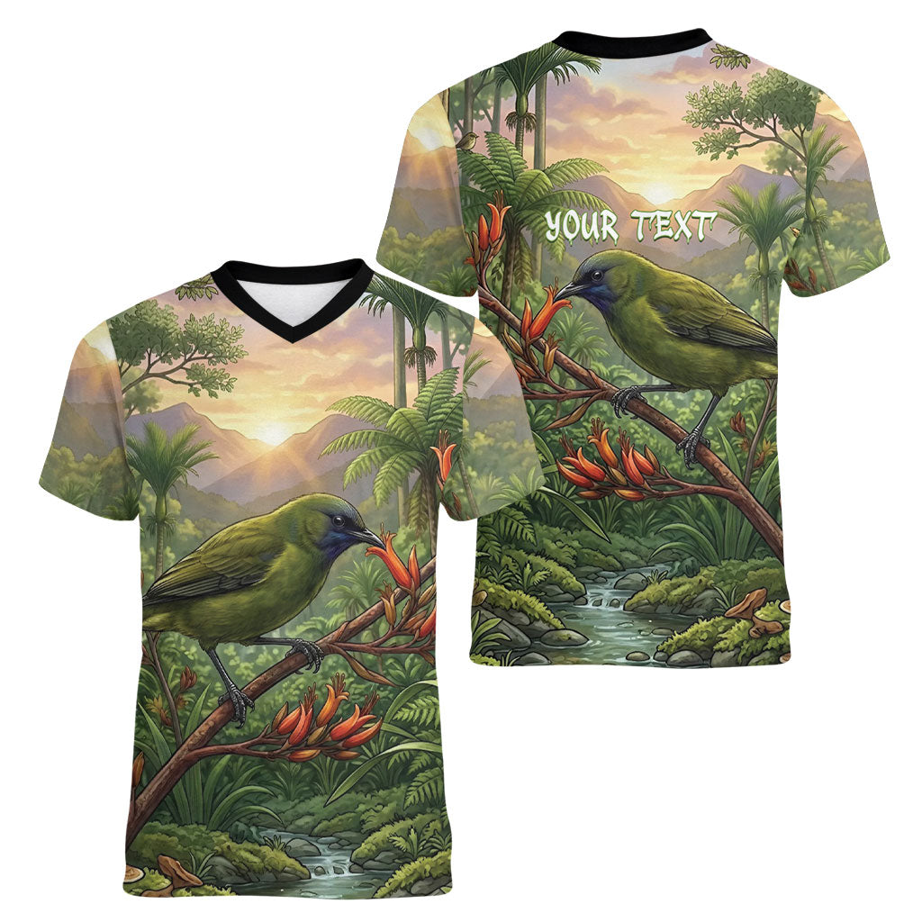 Bellbird New Zealand Personalised Women V-Neck T-Shirt Korimako Harakeke Flower Native Forest LT22 - Polynesian Pride