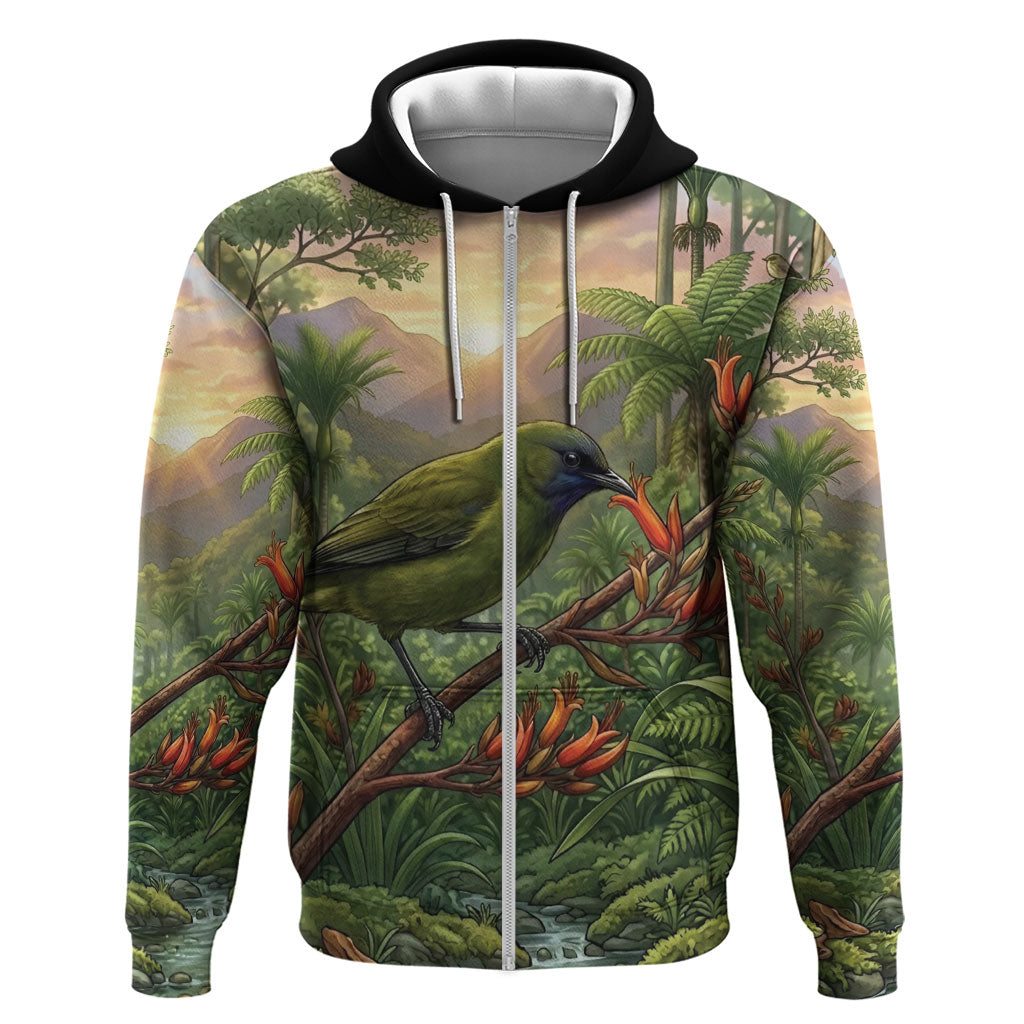 Bellbird New Zealand Personalised Zip Hoodie Korimako Harakeke Flower Native Forest