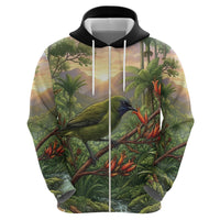 Bellbird New Zealand Personalised Zip Hoodie Korimako Harakeke Flower Native Forest