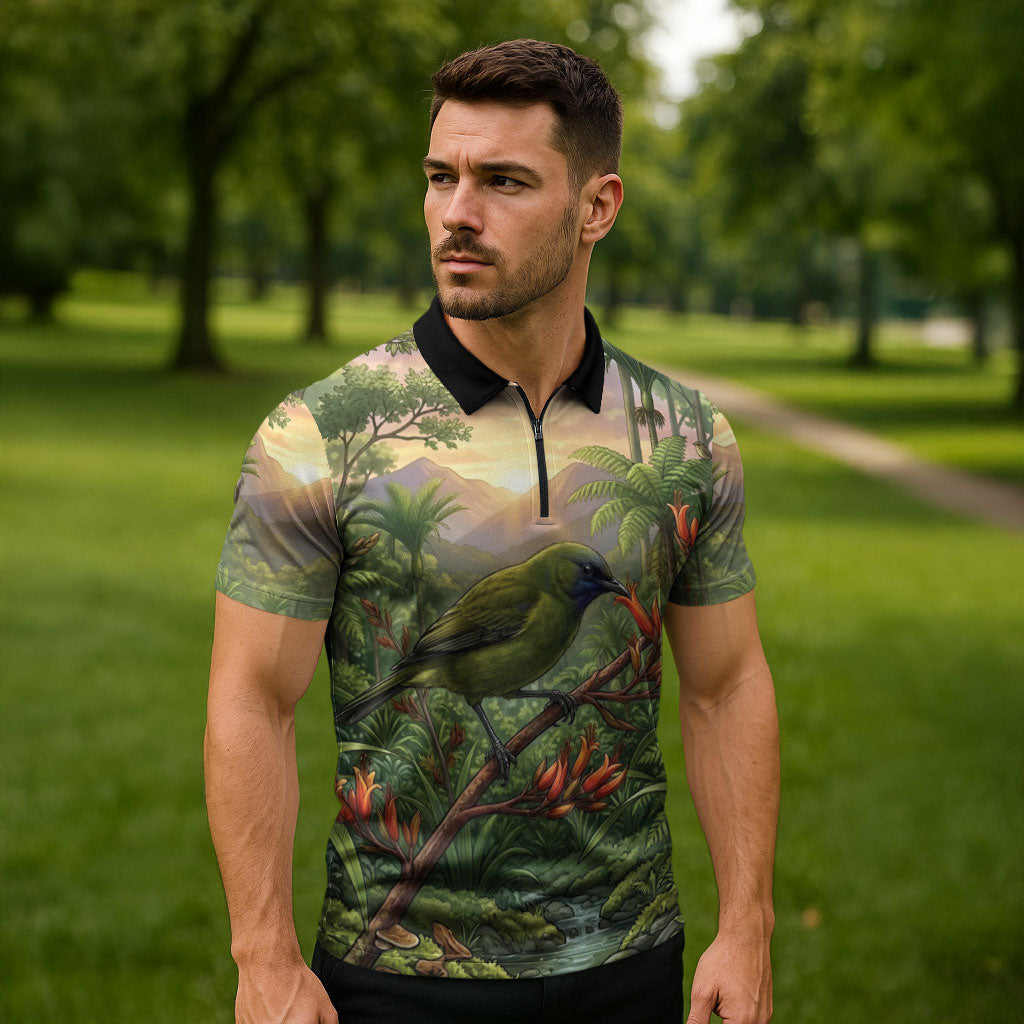 Bellbird New Zealand Personalised Zipper Polo Shirt Korimako Harakeke Flower Native Forest
