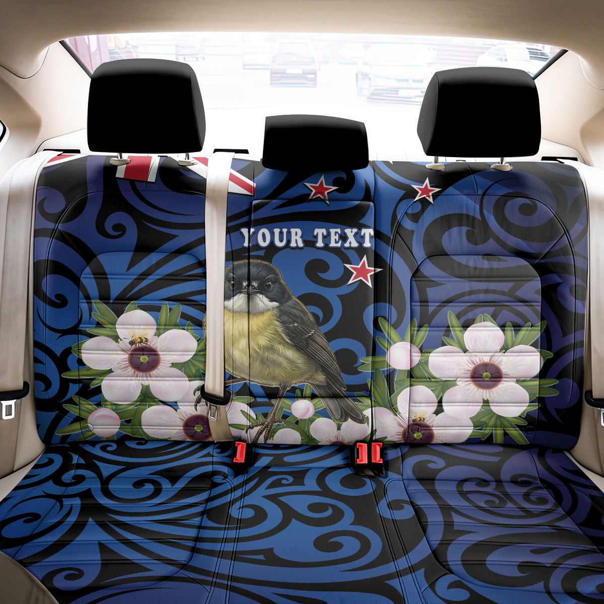 Tomtit New Zealand Personalised Back Car Seat Cover Miromiro Manuka Flower Maori Pattern
