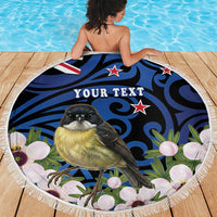 Tomtit New Zealand Personalised Beach Blanket Miromiro Manuka Flower Maori Pattern