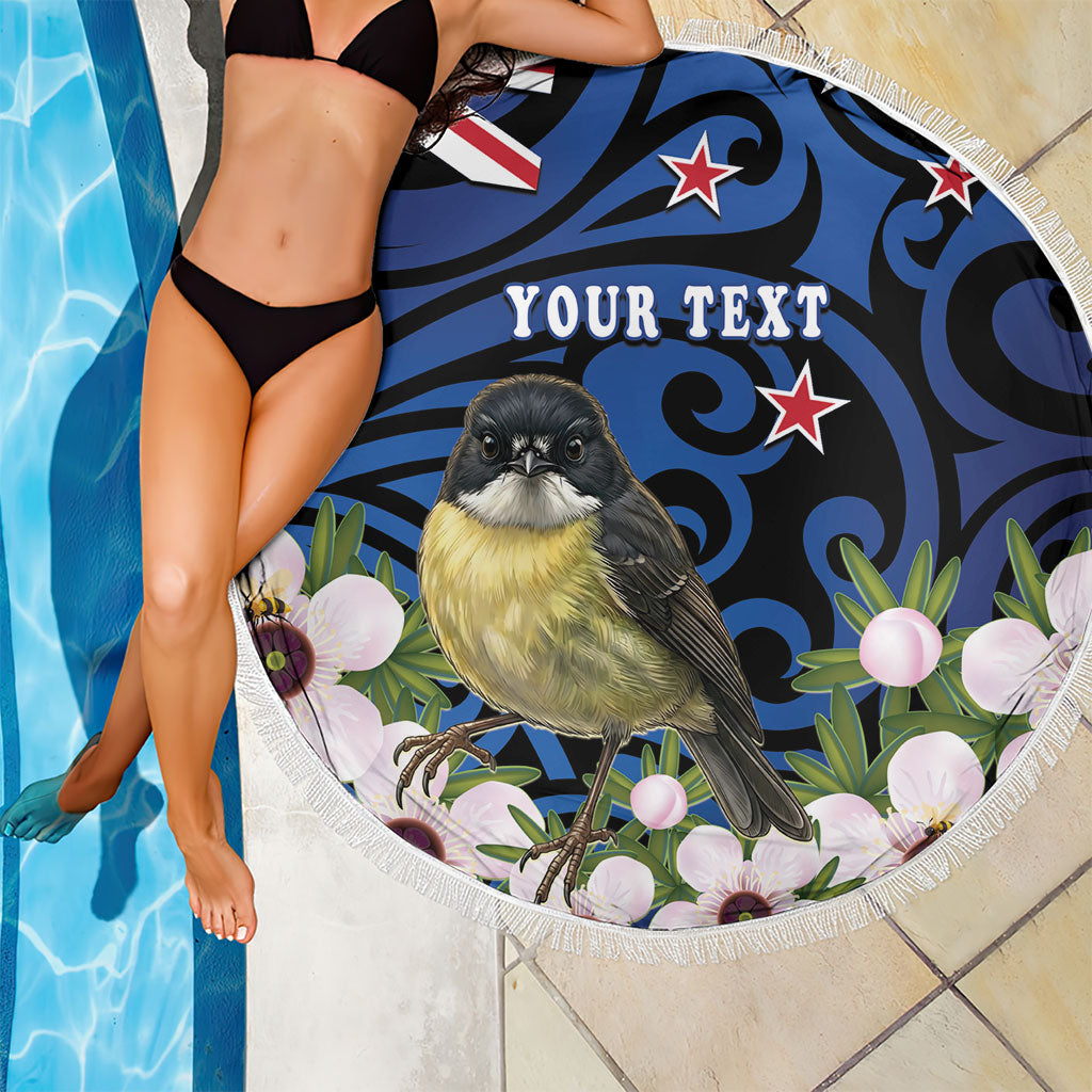 Tomtit New Zealand Personalised Beach Blanket Miromiro Manuka Flower Maori Pattern