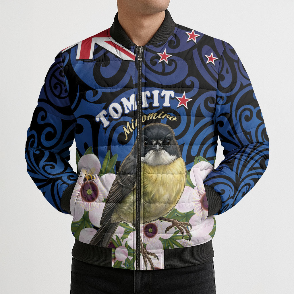 Tomtit New Zealand Personalised Bomber Puffer Jacket Miromiro Manuka Flower Maori Pattern