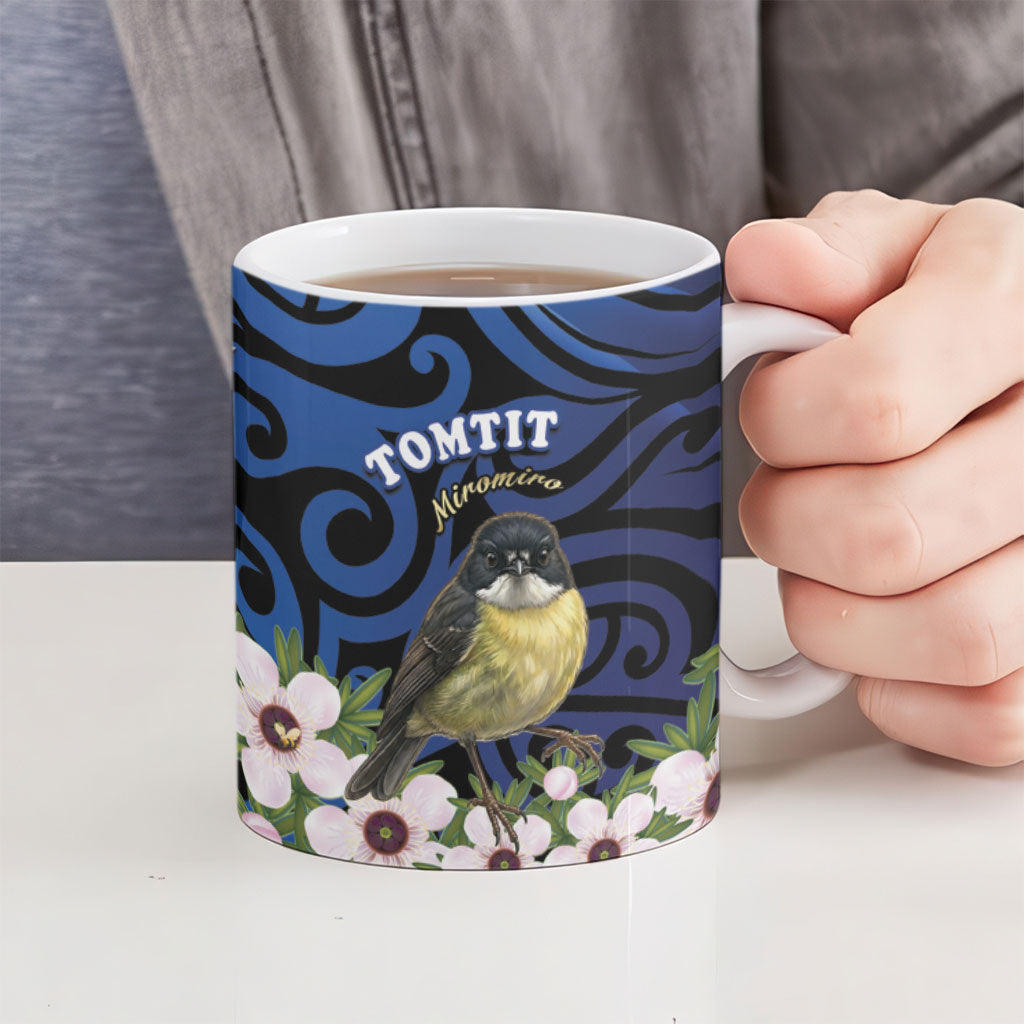 Tomtit New Zealand Personalised Ceramic Mug Miromiro Manuka Flower Maori Pattern