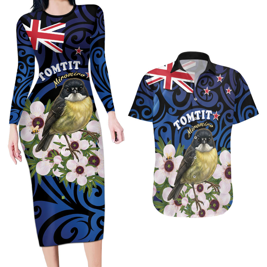 Tomtit New Zealand Personalised Couples Matching Long Sleeve Bodycon Dress and Hawaiian Shirt Miromiro Manuka Flower Maori Pattern LT22 Blue - Polynesian Pride