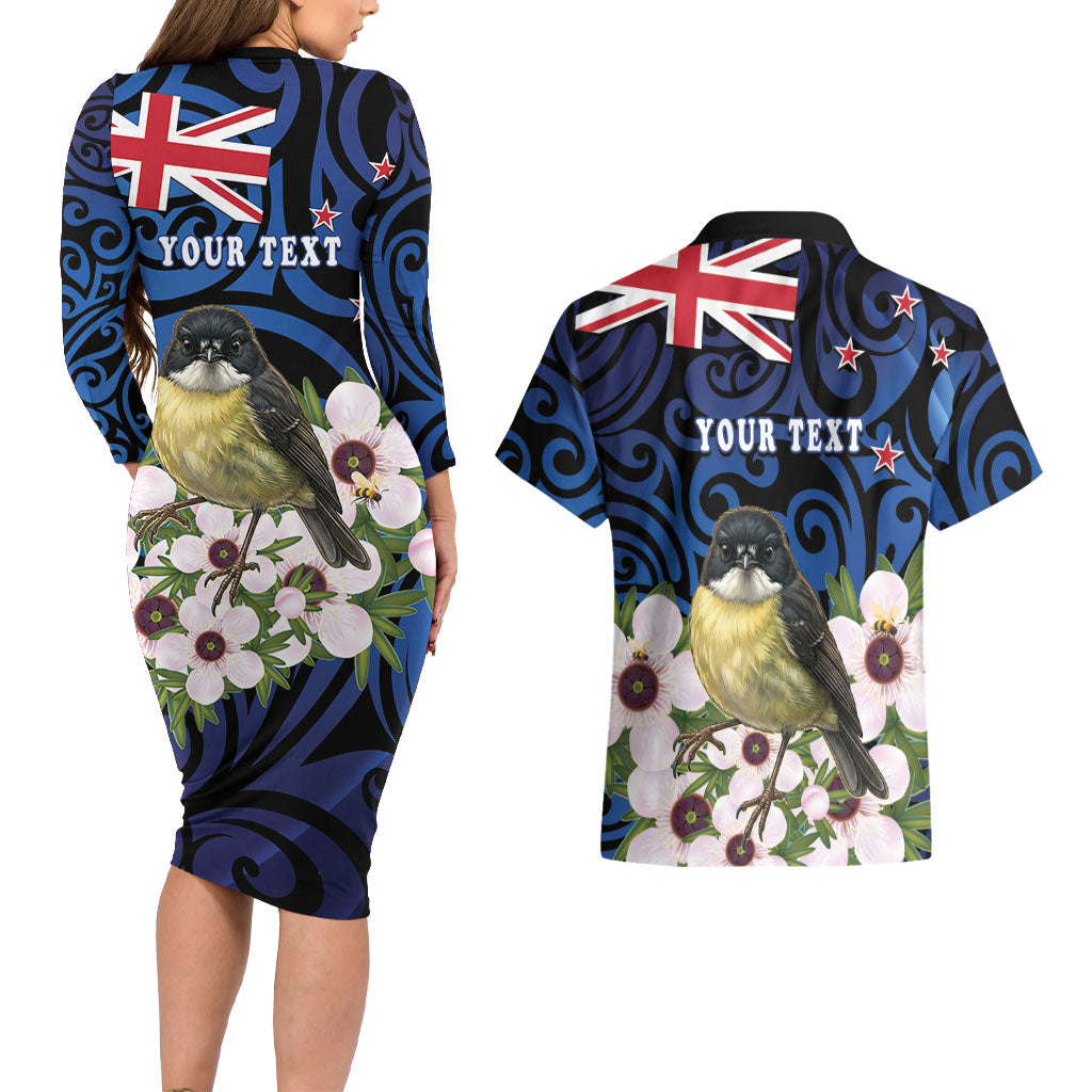 Tomtit New Zealand Personalised Couples Matching Long Sleeve Bodycon Dress and Hawaiian Shirt Miromiro Manuka Flower Maori Pattern LT22 - Polynesian Pride