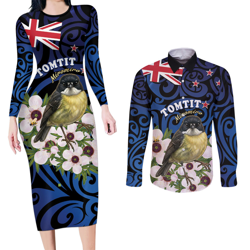 Tomtit New Zealand Personalised Couples Matching Long Sleeve Bodycon Dress and Long Sleeve Button Shirt Miromiro Manuka Flower Maori Pattern LT22 Blue - Polynesian Pride