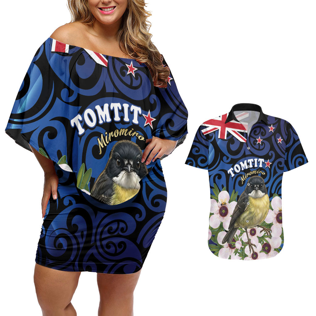 Tomtit New Zealand Personalised Couples Matching Off Shoulder Short Dress and Hawaiian Shirt Miromiro Manuka Flower Maori Pattern LT22 Blue - Polynesian Pride