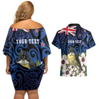 Tomtit New Zealand Personalised Couples Matching Off Shoulder Short Dress and Hawaiian Shirt Miromiro Manuka Flower Maori Pattern LT22 - Polynesian Pride