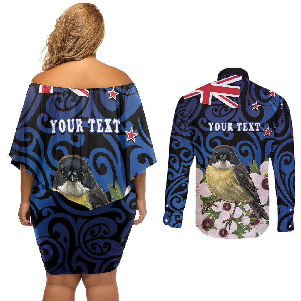 Tomtit New Zealand Personalised Couples Matching Off Shoulder Short Dress and Long Sleeve Button Shirt Miromiro Manuka Flower Maori Pattern