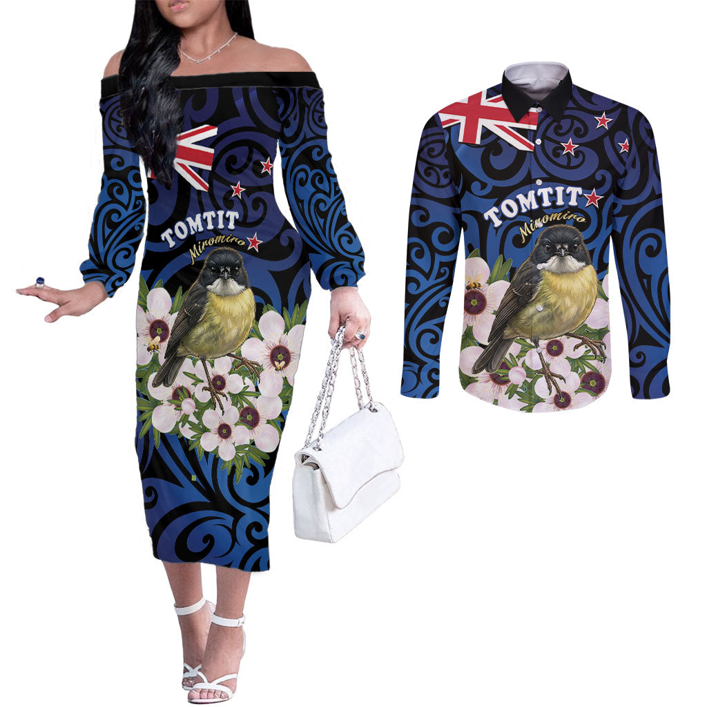 Tomtit New Zealand Personalised Couples Matching Off The Shoulder Long Sleeve Dress and Long Sleeve Button Shirt Miromiro Manuka Flower Maori Pattern LT22 Blue - Polynesian Pride