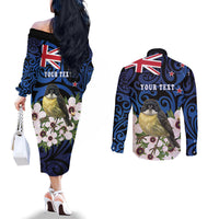 Tomtit New Zealand Personalised Couples Matching Off The Shoulder Long Sleeve Dress and Long Sleeve Button Shirt Miromiro Manuka Flower Maori Pattern LT22 - Polynesian Pride