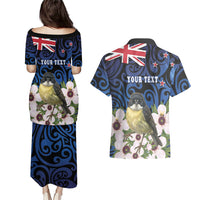 Tomtit New Zealand Personalised Couples Matching Puletasi and Hawaiian Shirt Miromiro Manuka Flower Maori Pattern