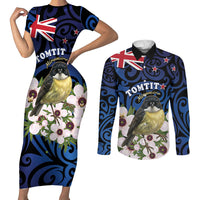 Tomtit New Zealand Personalised Couples Matching Short Sleeve Bodycon Dress and Long Sleeve Button Shirt Miromiro Manuka Flower Maori Pattern LT22 Blue - Polynesian Pride