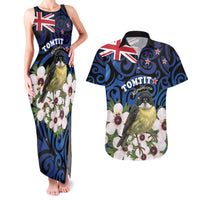 Tomtit New Zealand Personalised Couples Matching Tank Maxi Dress and Hawaiian Shirt Miromiro Manuka Flower Maori Pattern LT22 Blue - Polynesian Pride