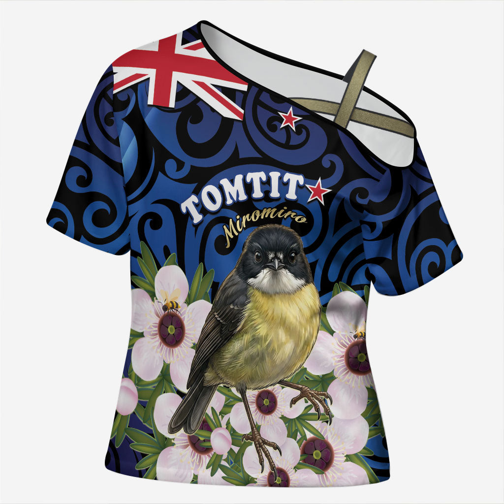 Tomtit New Zealand Personalised Cross Shoulder Shirt Miromiro Manuka Flower Maori Pattern
