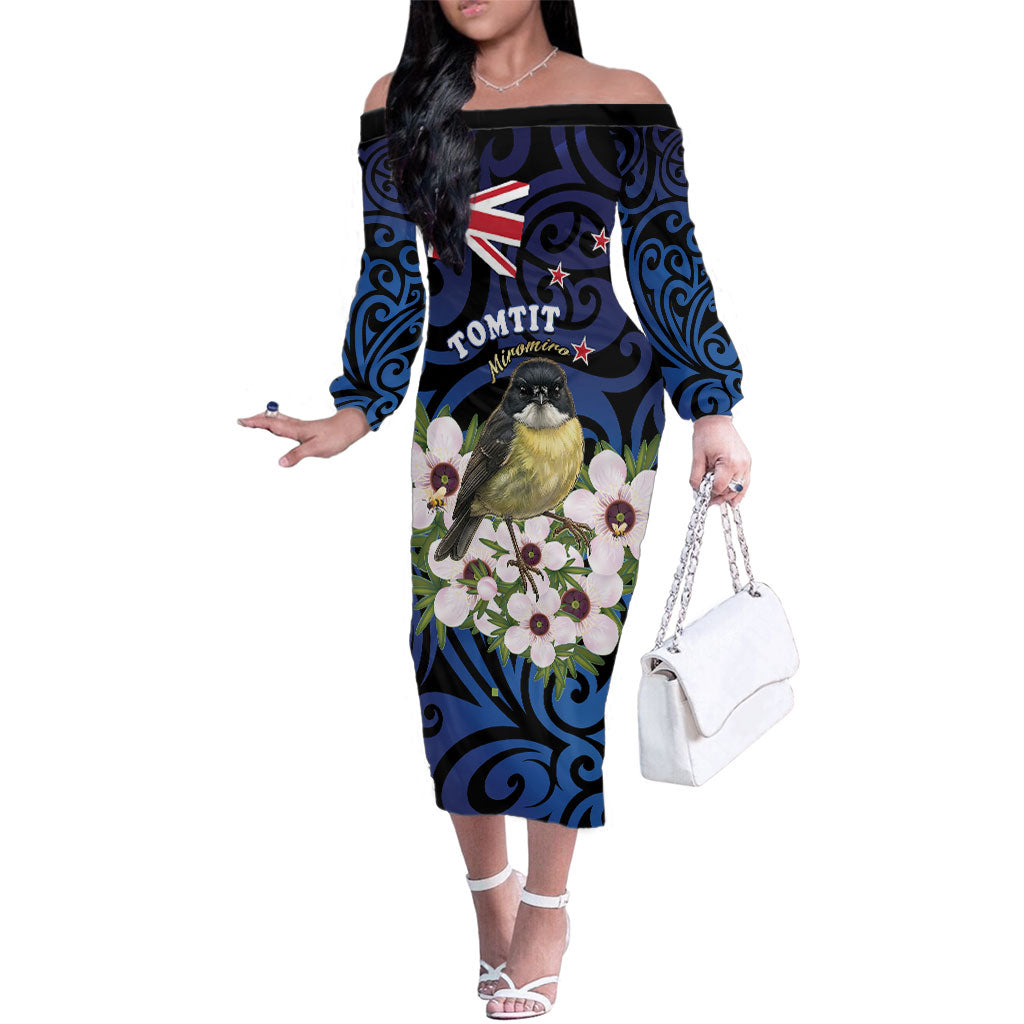 Tomtit New Zealand Personalised Family Matching Off The Shoulder Long Sleeve Dress and Hawaiian Shirt Miromiro Manuka Flower Maori Pattern LT22 Mom's Dress Blue - Polynesian Pride