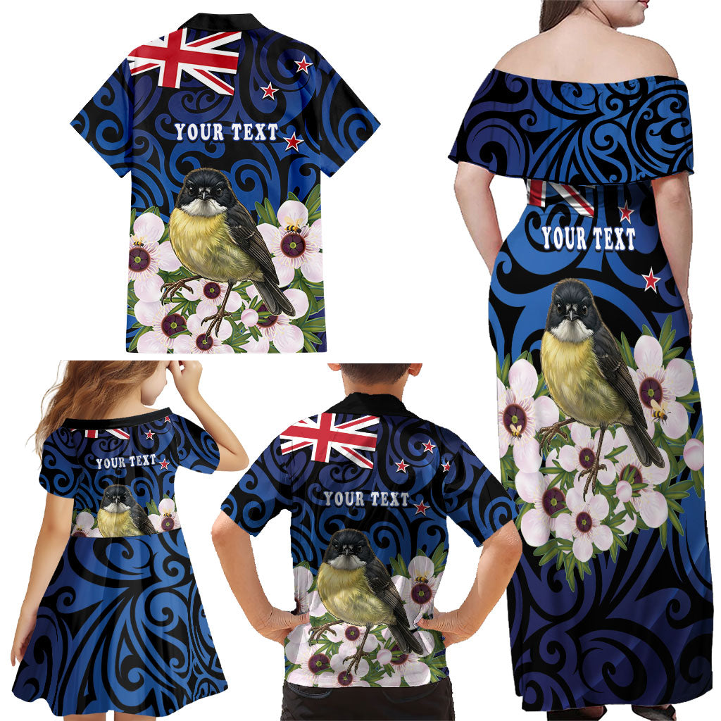 Tomtit New Zealand Personalised Family Matching Off Shoulder Maxi Dress and Hawaiian Shirt Miromiro Manuka Flower Maori Pattern LT22 - Polynesian Pride