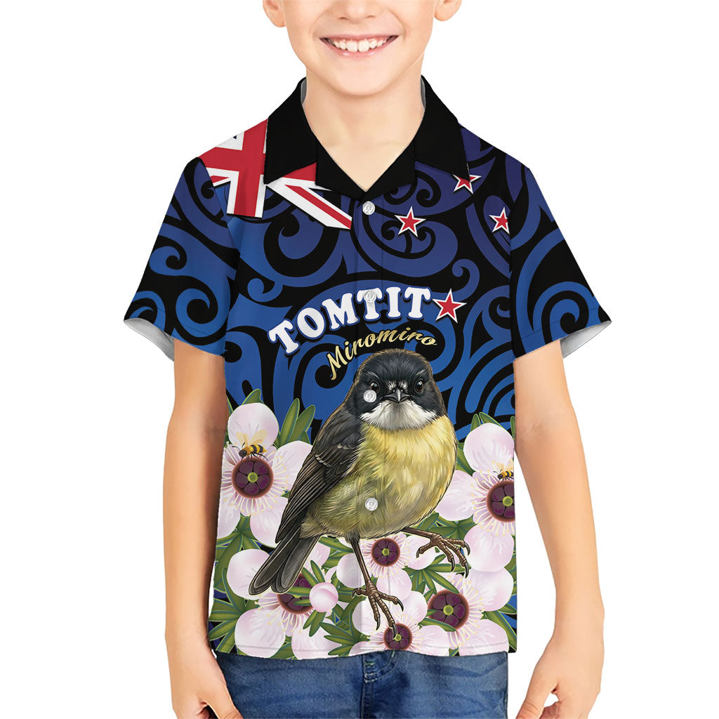 Tomtit New Zealand Personalised Family Matching Puletasi and Hawaiian Shirt Miromiro Manuka Flower Maori Pattern LT22 Son's Shirt Blue - Polynesian Pride