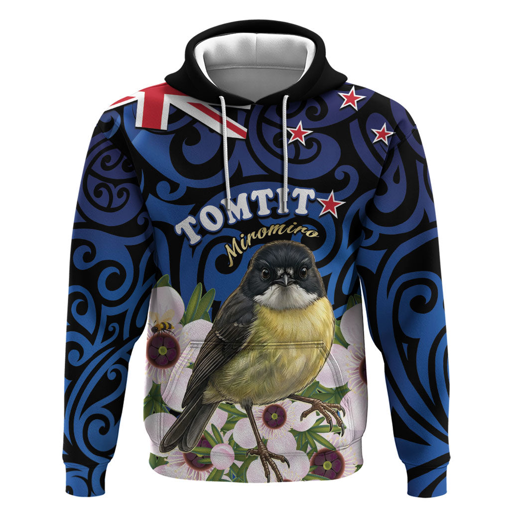 Tomtit New Zealand Personalised Hoodie Miromiro Manuka Flower Maori Pattern