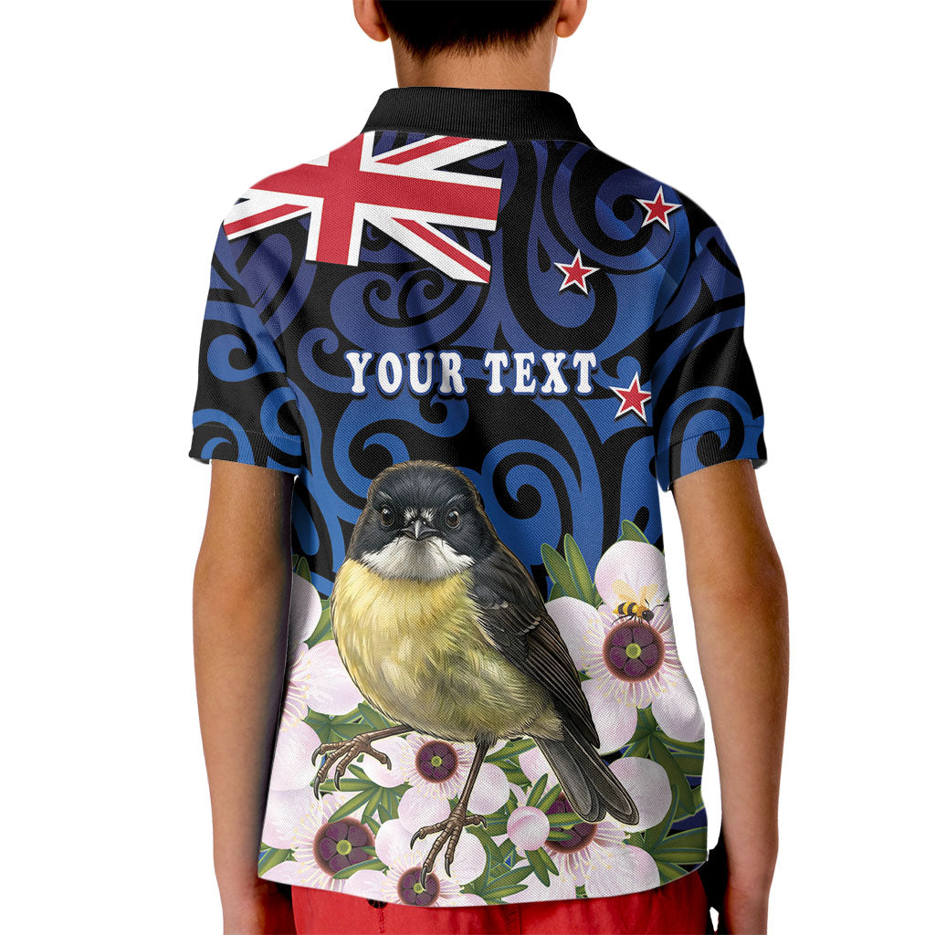Tomtit New Zealand Personalised Kid Polo Shirt Miromiro Manuka Flower Maori Pattern