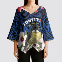 Tomtit New Zealand Personalised Kimono Sleeve Blouse Miromiro Manuka Flower Maori Pattern