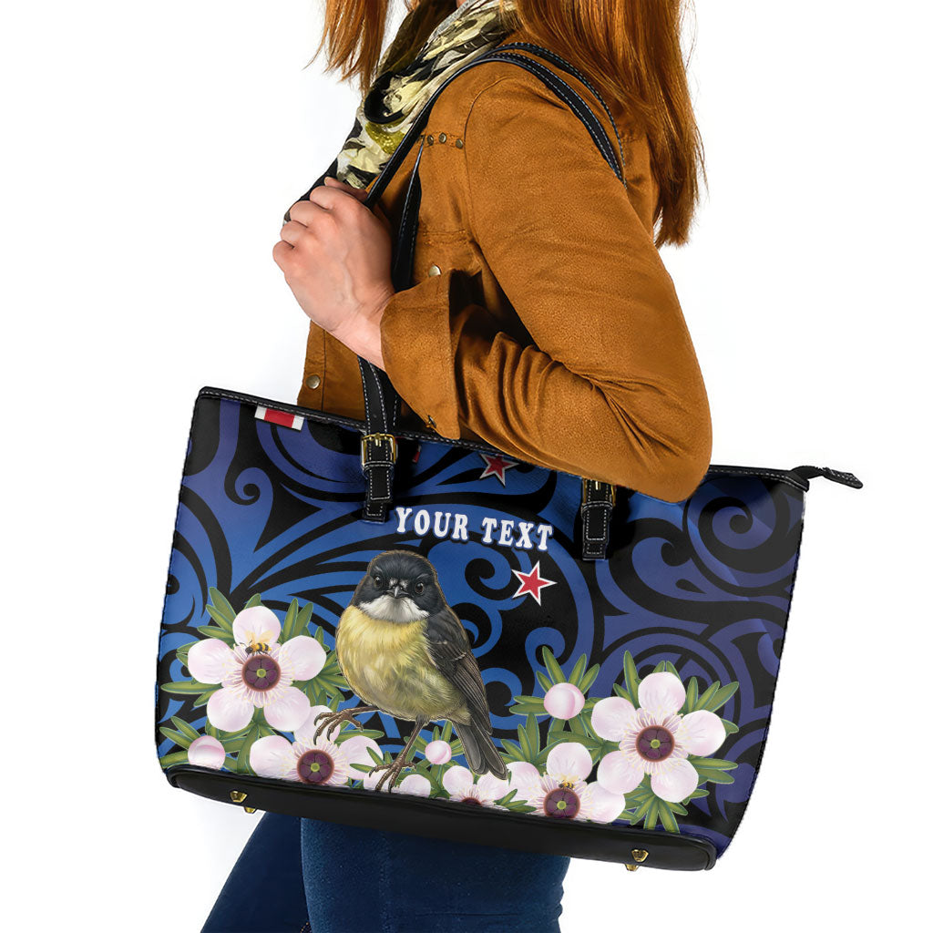 Tomtit New Zealand Personalised Leather Tote Bag Miromiro Manuka Flower Maori Pattern