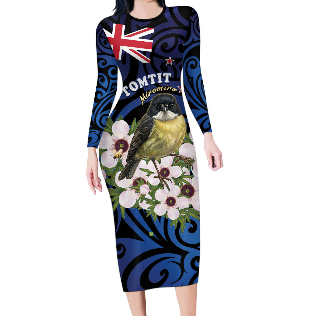 Tomtit New Zealand Personalised Long Sleeve Bodycon Dress Miromiro Manuka Flower Maori Pattern