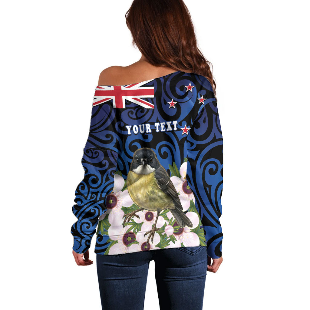 Tomtit New Zealand Personalised Off Shoulder Sweater Miromiro Manuka Flower Maori Pattern