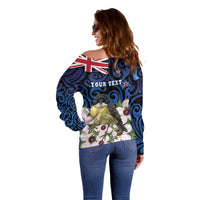 Tomtit New Zealand Personalised Off Shoulder Sweater Miromiro Manuka Flower Maori Pattern
