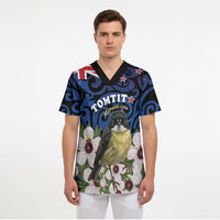 Tomtit New Zealand Personalised Scrub Top Miromiro Manuka Flower Maori Pattern