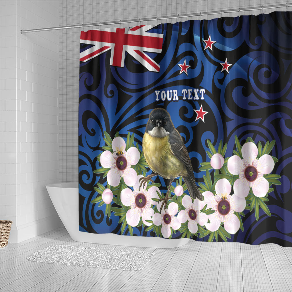 Tomtit New Zealand Personalised Shower Curtain Miromiro Manuka Flower Maori Pattern