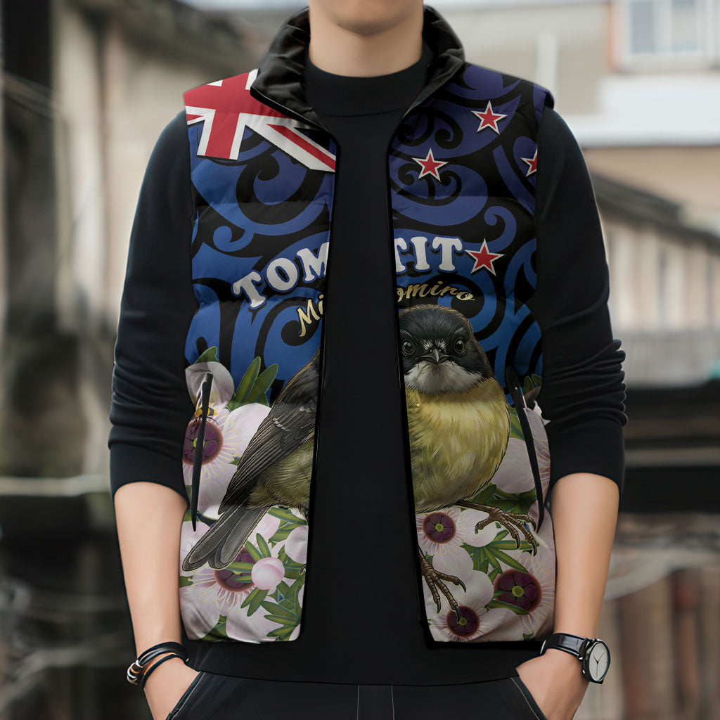 Tomtit New Zealand Personalised Sleeveless Puffer Jacket Miromiro Manuka Flower Maori Pattern