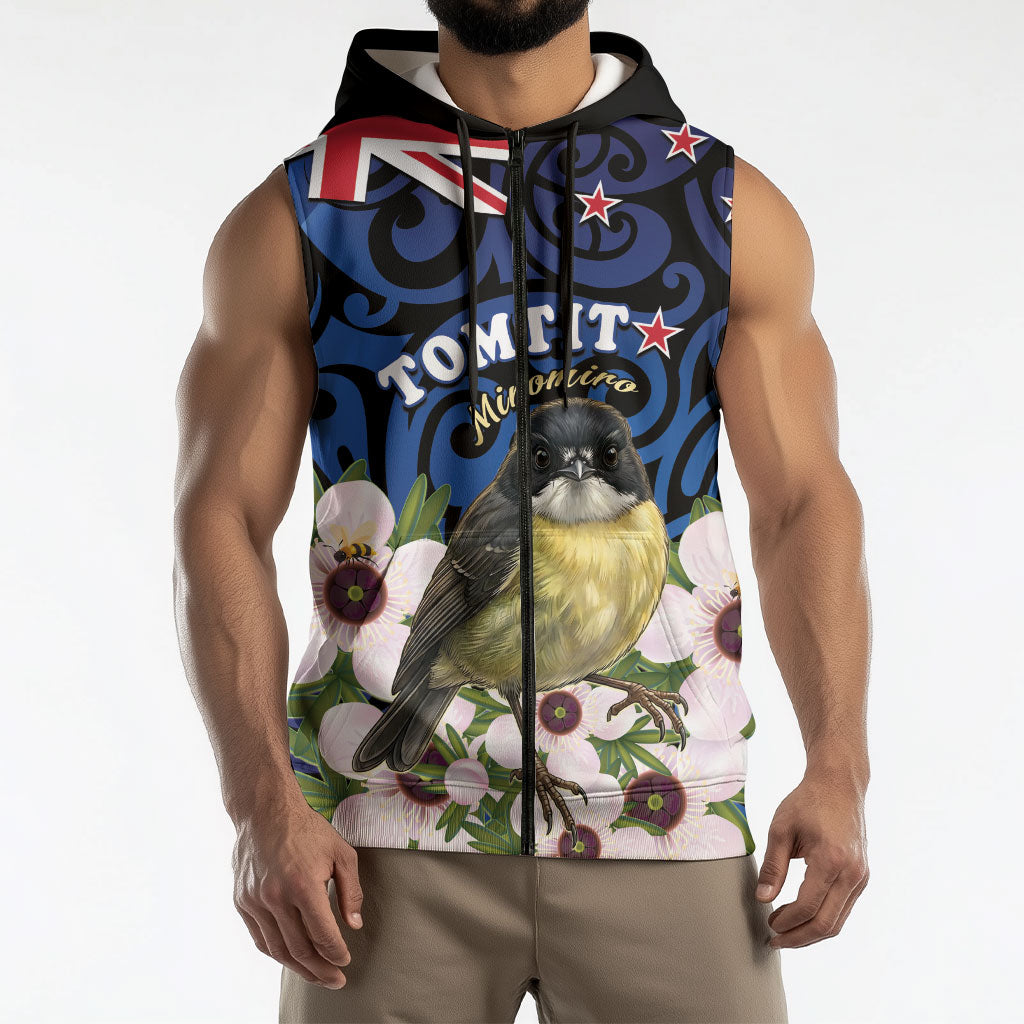 Tomtit New Zealand Personalised Sleeveless Zip Hoodie Miromiro Manuka Flower Maori Pattern