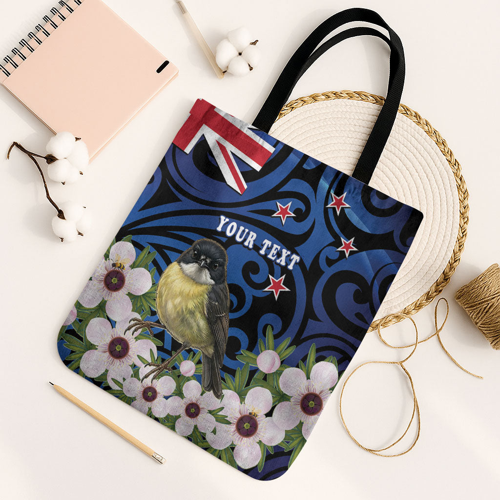 Tomtit New Zealand Personalised Tote Bag Miromiro Manuka Flower Maori Pattern