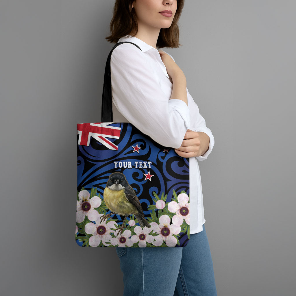 Tomtit New Zealand Personalised Tote Bag Miromiro Manuka Flower Maori Pattern