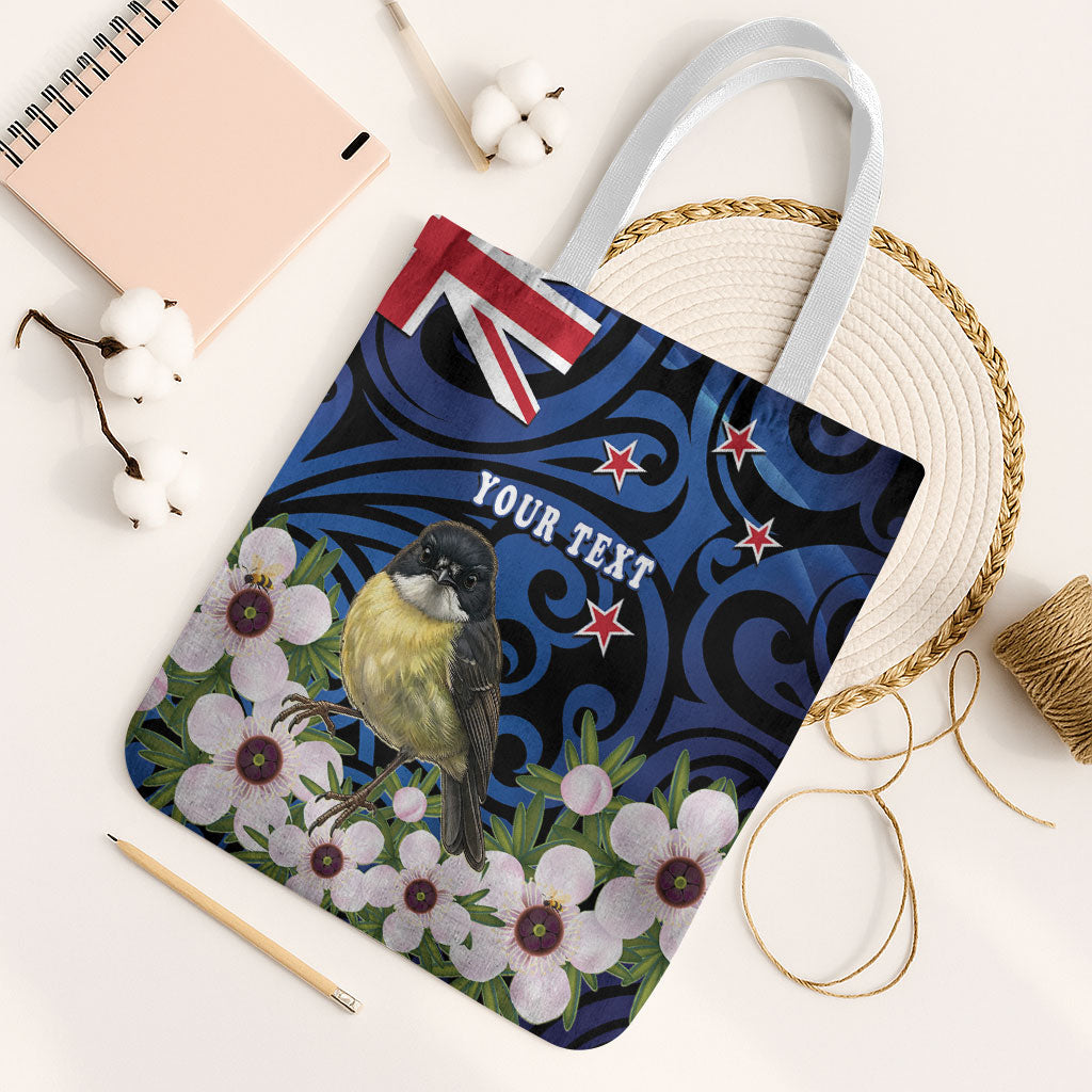Tomtit New Zealand Personalised Tote Bag Miromiro Manuka Flower Maori Pattern